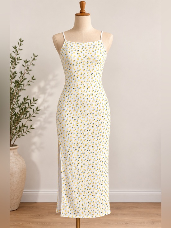 Vine And Valley Dresses & Skirts - Vine & Valley Women’s XL Lemon Print Ribbed Maxi Dress Side Slit Spaghetti Strap